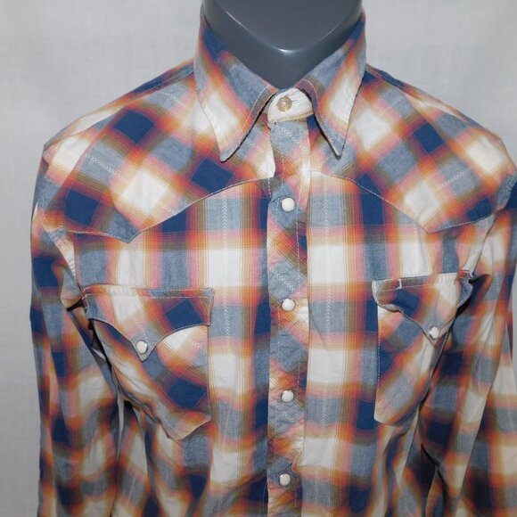 Roper Mens M Blue Cream Orange Plaid Snap Front Western Rodeo Shirt - Picture 2 of 12